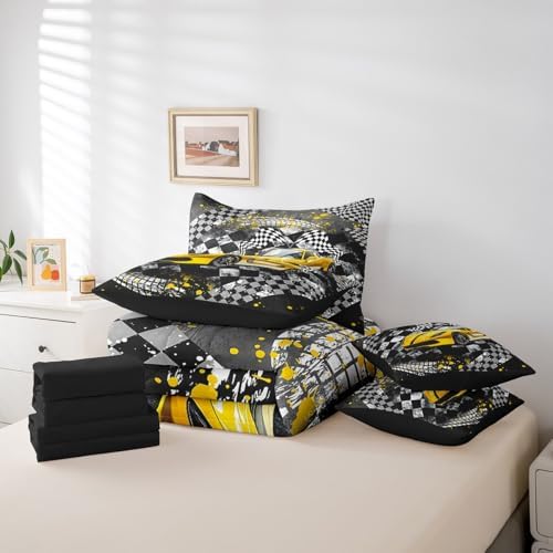 Castle Fairy Yellow Race Car Comforter Set Bed in a Bag 7 Pieces King,Black Yellow Grey Racing Themed Bedding Set,Cool Race Car (Comforter+Fitted+Flat Sheet+2 Pillowcases+2 Throw Pillow Covers)