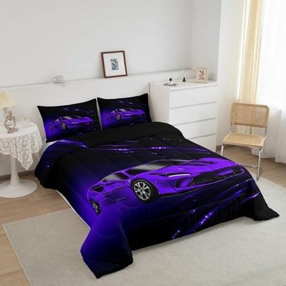 Feelyou Boys Purple Race Car Bedding Set King Size Speed Sports Car Comforter Set for Kids Teens Adult Fast and Furious Duvet Set Purple Ombre Quilt Set 3Pcs