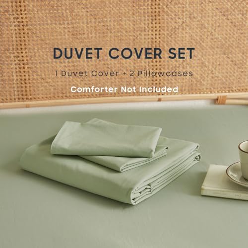 Wake In Cloud - Cotton Duvet Cover Set, 100% Washed Cotton, Linen Like Textured, Breathable Durable Comfy Farmhouse Neutral Bedding Set, 3 Pieces, Sage Green, King Size
