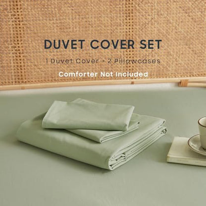 Wake In Cloud - Cotton Duvet Cover Set, 100% Washed Cotton, Linen Like Textured, Breathable Durable Comfy Farmhouse Neutral Bedding Set, 3 Pieces, Sage Green, King Size