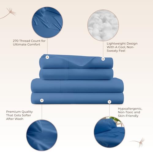100% Organic Cotton Sheets Cal King - GOTS Certified Cotton Percale Sheets with Crisp Cool & Breathable Percale Weave Perfect for Hot Sleepers - Durable Luxury 4 Piece Set (Blue, Full)
