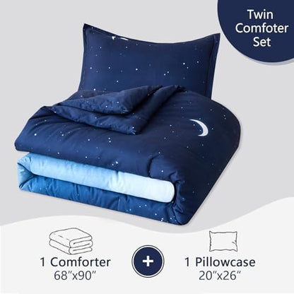 Caressma Blue Starry Sky Comforter Set Moon Galaxy Twin Size 2 Pieces