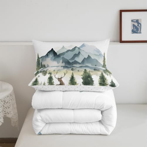 Feelyou Deer Moose Print Comforter Set Full Girls Teens Adult, Kids Boys Watercolor Hunting Deer Bedding Set, 3D Woodland Wild Animal Comforter Soft Quilt Set,Blue with 1 Pillowcase 2Pcs Bedding
