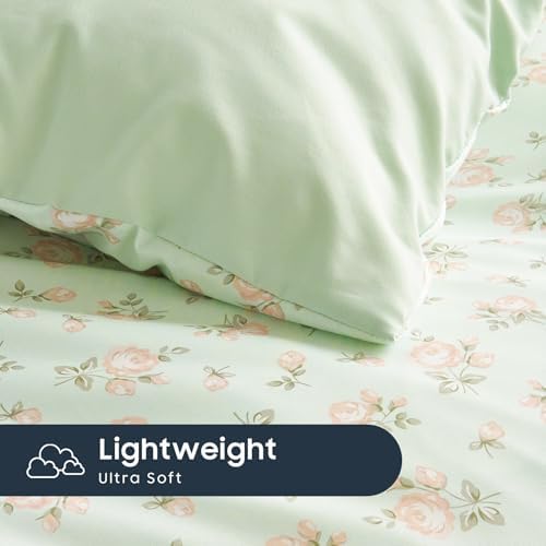 Wake In Cloud - Floral Comforter Set with Sheets, Coquette Cottagecore Aesthetic Flower Shabby Chic Pattern for Women Teen Girls, 5 Pieces Bed in a Bag, Green Pink, Twin Size