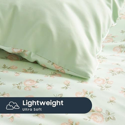 Wake In Cloud - Floral Comforter Set with Sheets, Coquette Cottagecore Aesthetic Flower Shabby Chic Pattern for Women Teen Girls, 5 Pieces Bed in a Bag, Green Pink, Twin Size