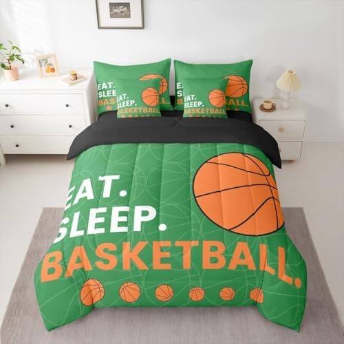 Erosebridal Orange Green Boys Basketball King 7-Piece Comforter Set | Sports Gaming Sheets and Pillowcases Ball Teens Men Bed in A Bag Kids Children Bed Sets