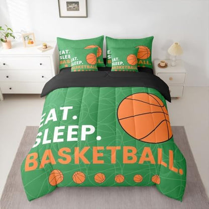 Erosebridal Orange Green Boys Basketball Comforter Set Queen Size 7 Pieces | Sports Gaming Bed in A Bag Ball Teens Men Bed Set Kids Children Bedding