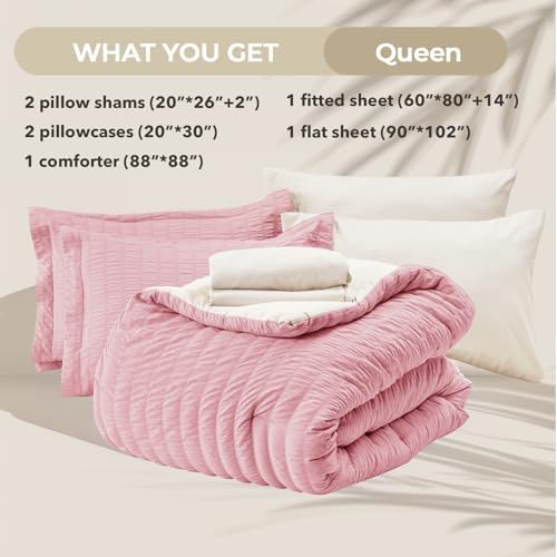 HYMOKEGE Pink/Ivory Queen Comforter Set Seersucker 7 Pieces, All Season Luxury Bed in a Bag Queen for Bedroom, Bedding Set with Comforter, Sheets, Pillowcases & Shams