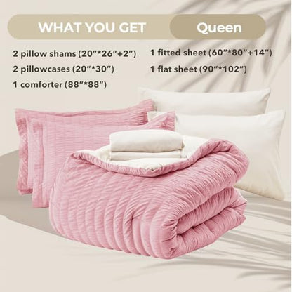 HYMOKEGE Pink/Ivory Queen Comforter Set Seersucker 7 Pieces, All Season Luxury Bed in a Bag Queen for Bedroom, Bedding Set with Comforter, Sheets, Pillowcases & Shams