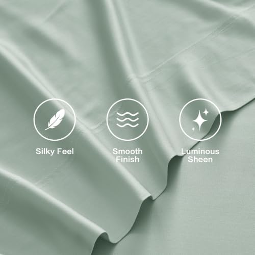 Andency Sateen Sheets Set, 100% Viscose Derived from Bamboo, Hotel Luxury Silky & Cooling for Hot Sleepers, Deep Pocket Up to 16", Sateen Green Queen