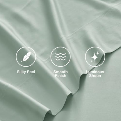 Andency Sateen Sheets Set, 100% Viscose Derived from Bamboo, Hotel Luxury Silky & Cooling for Hot Sleepers, Deep Pocket Up to 16", Sateen Green Queen