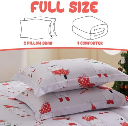 Yibeizi Kids Christmas Bed Comforter Set Full Cute Cat Printed Xmas Bedding