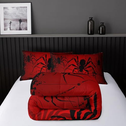 Nttopship Boys Spider Printed Comforter Set Bed in A Bag Queen Size 3PCS Red Bedding Set Cool Black Spider Comforter Set Girls Boys Kids Comforter Bedding Set with 2 Pillowcases