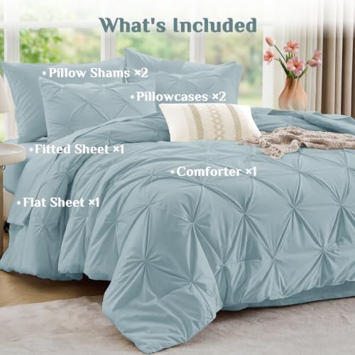 JOLLYVOGUE Queen Comforter Set 7 Pieces - Bed in a Bag Queen for All Season, Pintuck Bedding Comforter Sets with Comforter, Flat Sheet, Fitted Sheet and Pillowcases & Shams, Greyish Blue