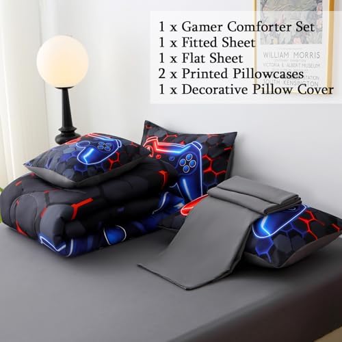 JQinHome Twin Gaming Bedding Set 6-Piece Comforter for Kids Teens - 3D Video Game Console Print Bed in a Bag with Ultra-Soft Fluffy Sheets, Red-Blue Unisex Design (Twin)