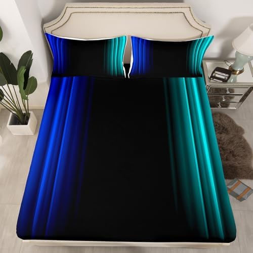 Feelyou Teens Abstract Ombre Decorations Bedding Set for Kids Women Blue Teal and Black Bed Sheets Set Geometric Modern Fitted Sheet Sets Room 4Pcs Full Size