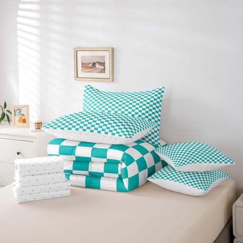 jejeloiu Teal Checkered Bedding Set 7Pcs King Size Kids Classic Plaid Comforter Set with Sheets for Boys Girls Grid Buffalo Check Bed in a Bag Soft Lightweight,Microfiber
