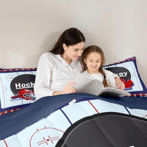 Homewish Hockey Sport Player King Size Comforter Set,Kids Ice Hockey Decor All Season Bedding Set,Teens Helmet Skates Comforter,Girls Navy and Red Decor Quilt Set Bedroom Collection 3Pcs