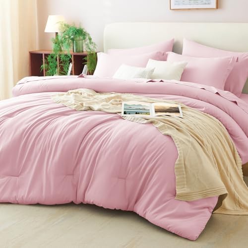 CozyLux Queen Comforter Set Pink, 7 Pieces Bed in a Bag