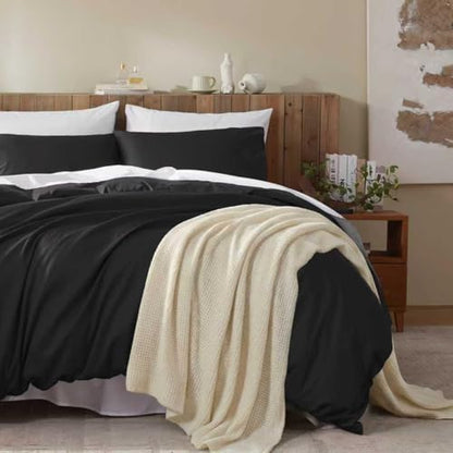 Full Duvet Cover Set, 100% Egyptian Cotton, 1600 Thread Count, Ultra Soft & Breathable Luxury Bedding with Zipper Closure & Corner Ties, 3PCS(Black, 80''x90'')