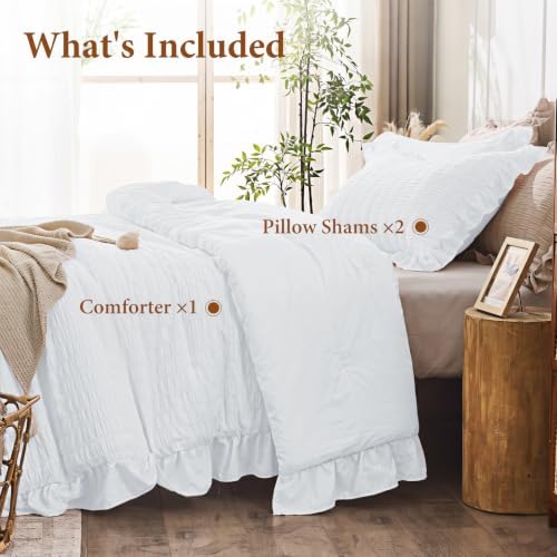 JOLLYVOGUE Bright White Full Comforter Set,3pcs Seersucker Comforters Full