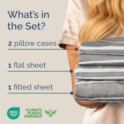 Cal King Size 4 Piece Sheet Set - Comfy Breathable & Cooling - Grey Stripes