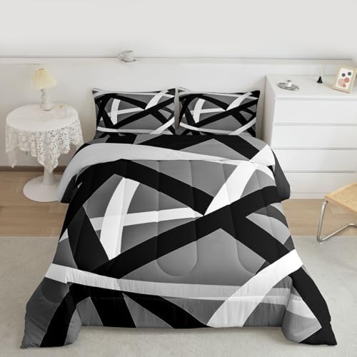 jejeloiu Black Gray Bedding Set Soft for Boys Girls, Geometric Comforter Set Twin Size Stripe Line Duvet Quilt Microfiber Modern Abstract Bedroom Decor 2 Pcs with 1 Pillow Cases