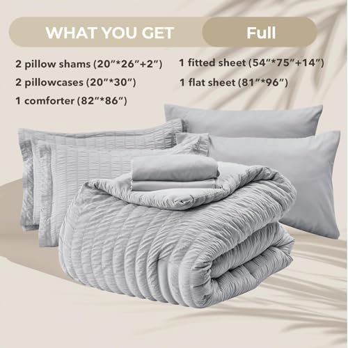 HYMOKEGE Light Grey Full Size Comforter Sets Seersucker 7 Pieces, All Season Luxury Bed in a Bag for Bedroom, Bedding Set with Comforters, Sheets, Pillowcases & Shams