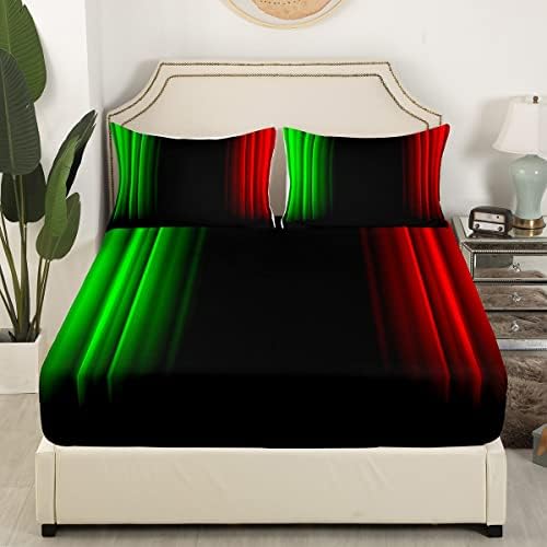 Feelyou Geometric Abstract Ombre Girly Bed Sheets Kids Teens Green Red and Black Striped Sheet Set Decor Modern Fashion Bed Set with 2 Pillowcases 4Pcs Bedding Queen