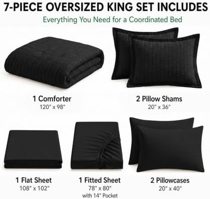 HIMEET Oversized King Comforter Set, 7-Piece Seersucker Bed in a Bag, Black
