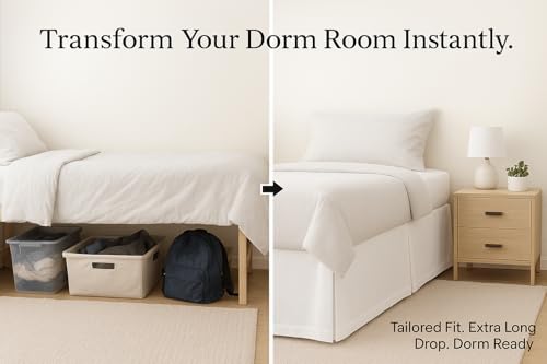 Pleated College Dorm Bed Skirt Luxury Microfiber, Twin XL (39x80) with Split Corners, 21" Long Drop, Hotel-Quality 1800 Ultra-Soft Dust Ruffle, Ivory