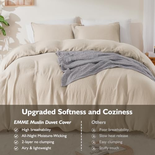 EMME Muslin Cotton Duvet Cover Set Linen Like Beige Twin