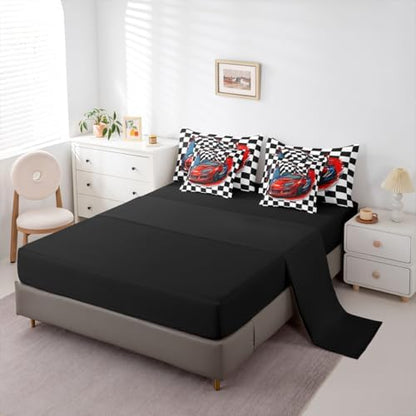 Erosebridal Racing 7 Piece Bedding Set Queen Size Race Car Competition Extreme Sports Bed in A Bag Red Automobile Comforter with Sheets Geometric Grid Cartoon Bed Sets
