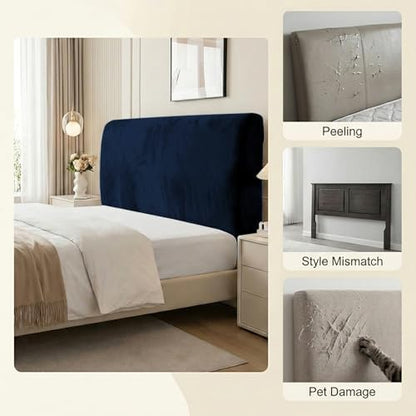 WOMACO Twin/Full Headboard Cover with Remote Pockets, Stretch Velvet Head Board Slipcover, Dustproof Bed Head Cover for Upholstered Headboard (Dark Blue, 35" - 50")