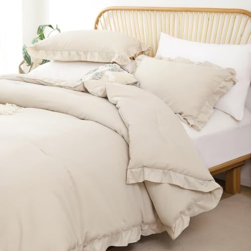 JANZAA Beige Comforter Set Oversized King, Ruffle Soft Bedding