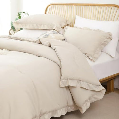 JANZAA Beige Comforter Set Oversized King, Ruffle Soft Bedding