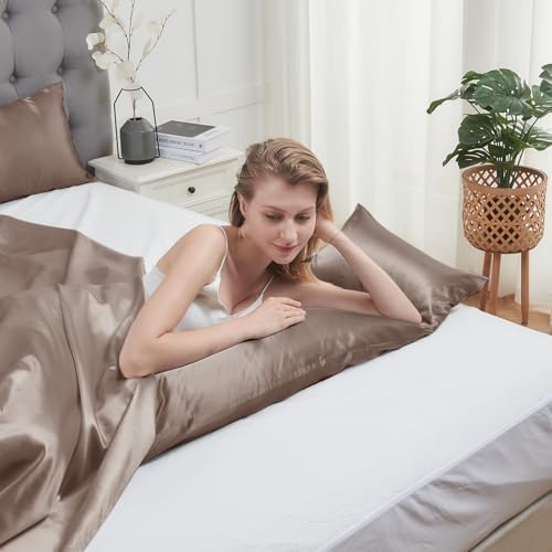 Vielit Satin Body Pillow Pillowcase 1pc,Silky Body Pillow Cover Similar to Silk Pillow Cases Soft Body Pillow Case 20x54 & Envelope Closure,Gift for Women Men Light Brown & 1 Satin Scunchie