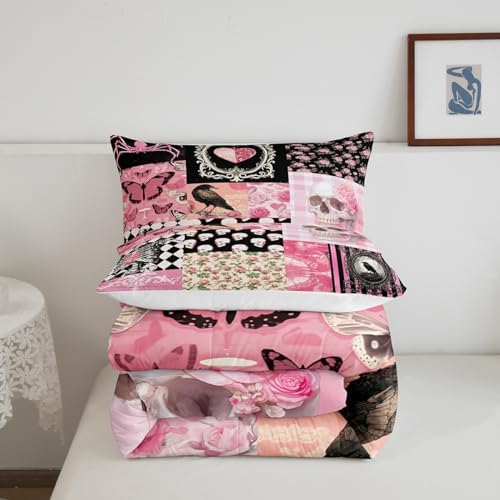 Halloween Crow Comforter Set Twin Size,Suger Skull Rose Flowers Spider Print Bedding Set,Patchwork Pink Black Grid Striped Quilt Set,Gothic Boho Duvet Insert Kids Girls Teens Halloween Decor