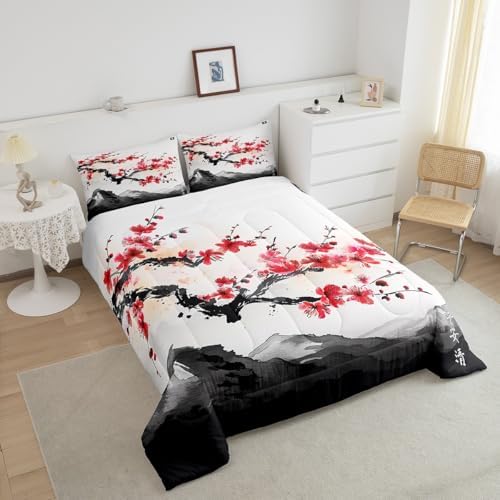 Erosebridal Cherry Blossoms Comforter Set King for Adult Women Ink Painting Black White Down Comforter Red Cherry Blossoms Quilted Duvet Romantic Theme Bedding Duvet with 2 Pillowcases