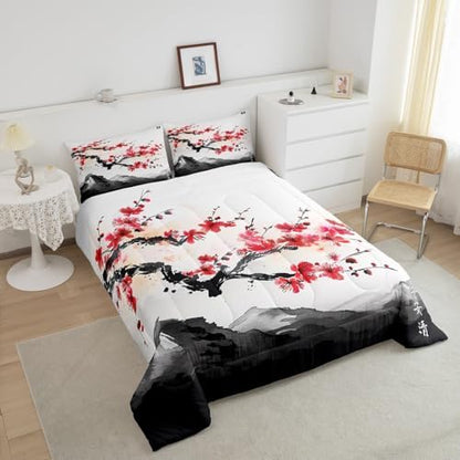 Erosebridal Cherry Blossoms Comforter Set King for Adult Women Ink Painting Black White Down Comforter Red Cherry Blossoms Quilted Duvet Romantic Theme Bedding Duvet with 2 Pillowcases