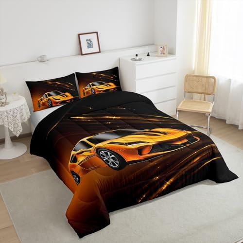 Feelyou Yellow Race Car Bedding Set Twin Size for Kids Teens