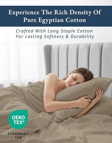 LANE LINEN 100% Egyptian Cotton Sheets King Sateen Weave - Taupe Swiss Dot