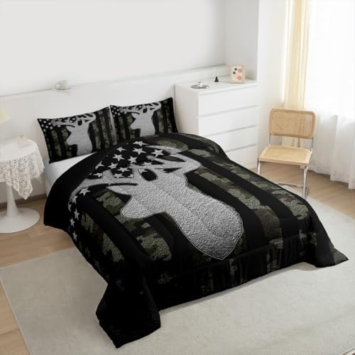 American Flag Queen Comforter Set,Army Green Camouflage Grey Antlers Down Comforter for Man Adult,Camo Deer Hunting Animal Camper Bedding Set Stars Stripes USA Flag Quilt,Farmhouse Style
