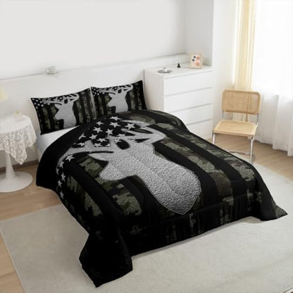 American Flag Queen Comforter Set,Army Green Camouflage Grey Antlers Down Comforter for Man Adult,Camo Deer Hunting Animal Camper Bedding Set Stars Stripes USA Flag Quilt,Farmhouse Style