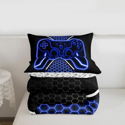 Feelyou Blue and Black Bedding Set King Size Gamer Comforter Set for Kids Game Controller Comforter Teens Honeycomb Duvet Set