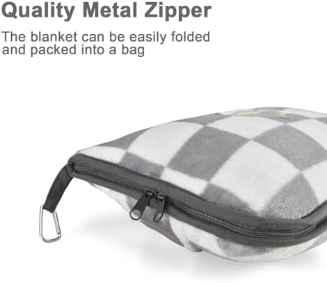 Travel Blanket and Pillow Compact, Premium Soft 2 in 1 Airplane Blanket with Soft Bag Pillowcase，Hand Luggage Sleeve and Backpack Clip (Grey Checkered)