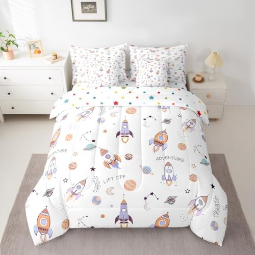 Erosebridal Kids Rocket 7 Pieces Bedding Set Full Size,Cartoon Spaceship Bed in a Bag,Galaxy Themed Bed Set Includes Comforter,Sheet Set,Pillowcases & Pillow Covers,Planets Outer Space Bedroom Decor