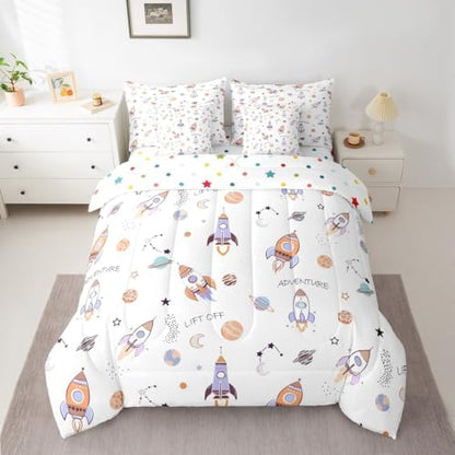 Erosebridal Kids Rocket 7 Pieces Bedding Set Full Size,Cartoon Spaceship Bed in a Bag,Galaxy Themed Bed Set Includes Comforter,Sheet Set,Pillowcases & Pillow Covers,Planets Outer Space Bedroom Decor