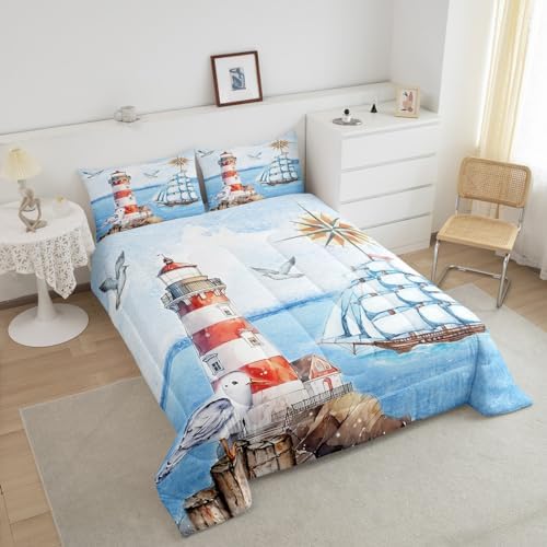 Coastal Lighthouse Comforter Set Full Size,Nautical Sailboat Quilt Set Ocean Adventure Travel Bedding Set for Kids Girls Boys Teens Room Decor,Vintage Watercolor Duvet Insert,2 Pillowcases