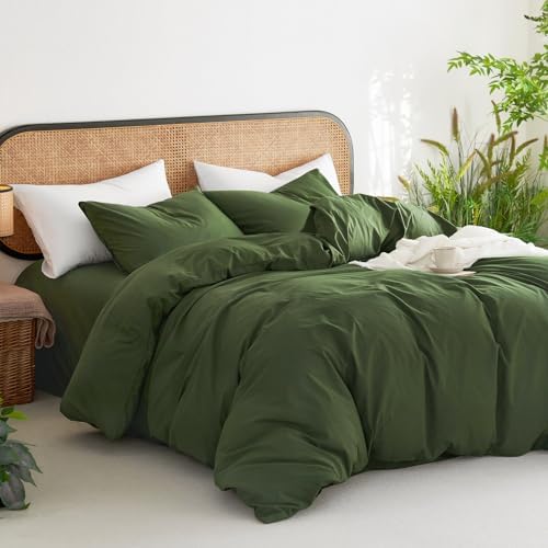 Wake In Cloud - Cotton Duvet Cover Set, 100% Washed Cotton, Linen Like Textured, Breathable Durable Comfy Farmhouse Neutral Bedding Set, 3 Pieces, Olive Green, Queen Size
